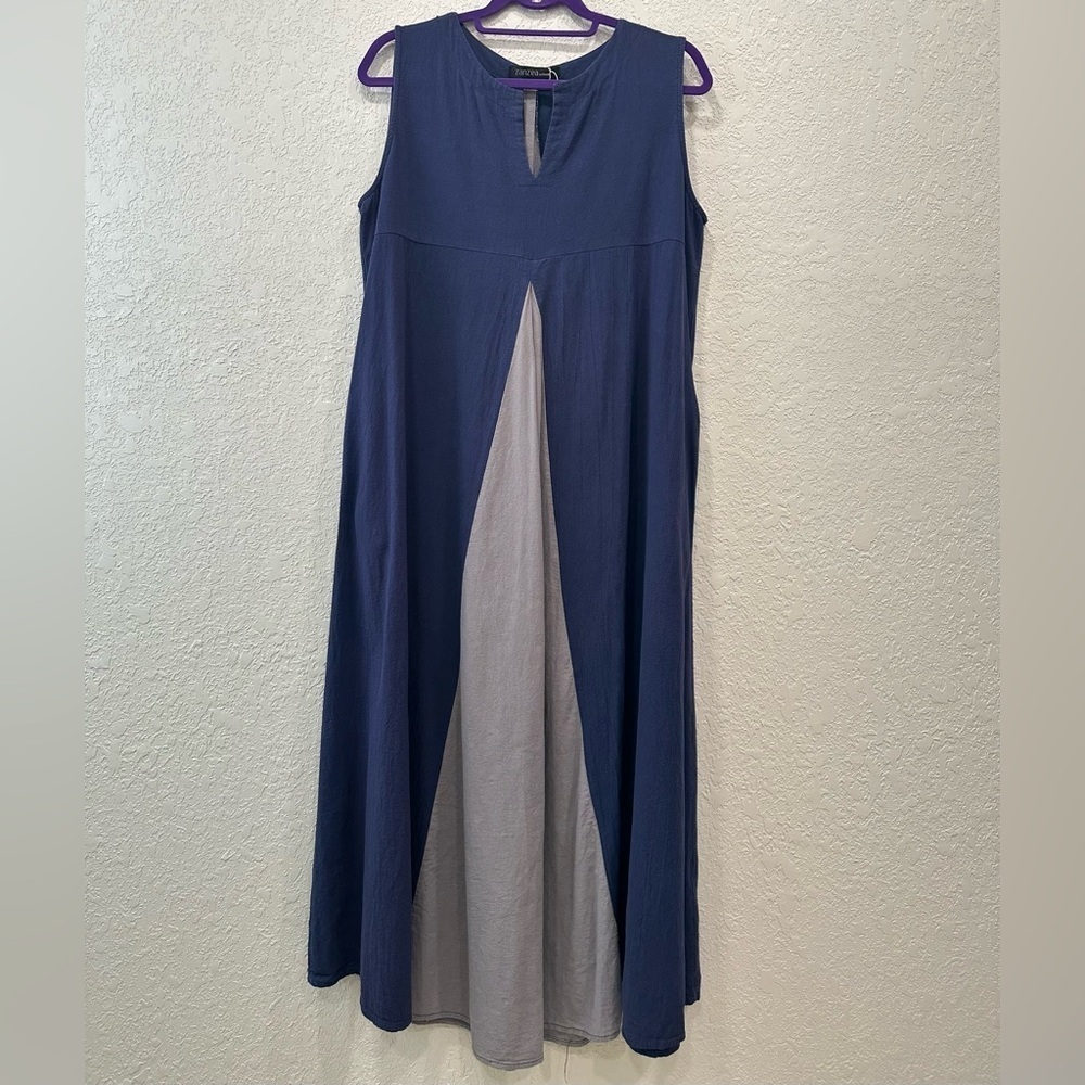 Zanzea Large blue and gray a-line maxi cotton gauze maxi dress